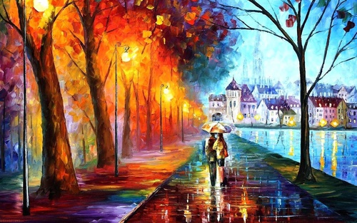 Обои Влюбленная пара, идущая под цветным зонтиком по мокрой набережной реки с растущими на противоположной стороне набережной деревьями, покрытыми осенней листвой, освещенные ярким светом электрических фонарей