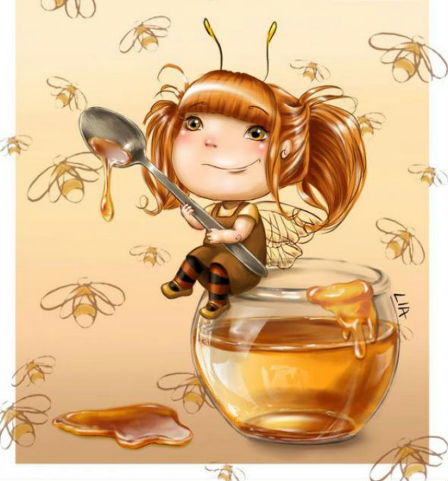 Фото Маленькая фея аппетитно ест ест мёд ложкой больше себя