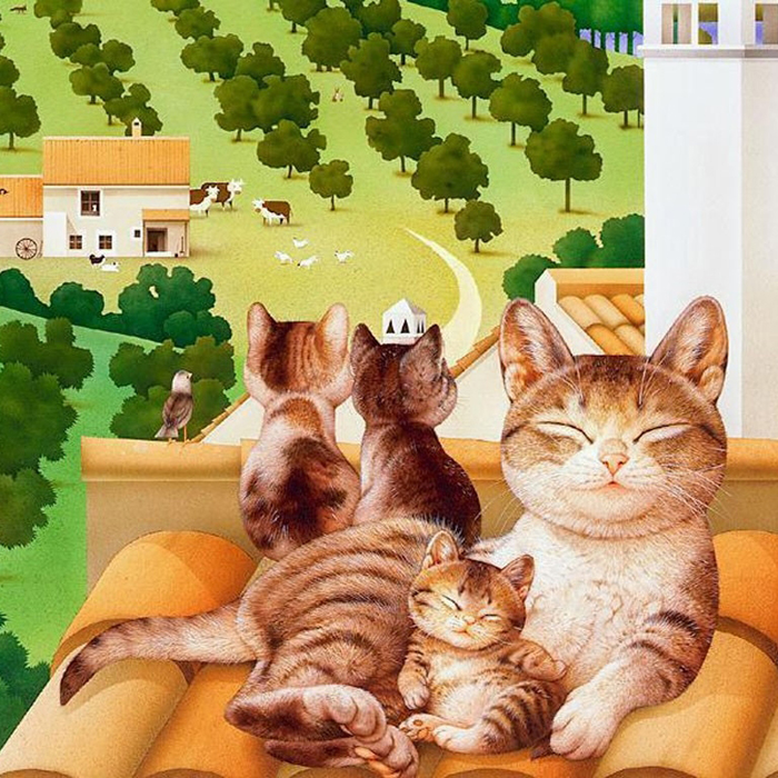 Фото Кошка лежит на крыше, рядом, прижавшись к ней спит котенок, два других котенка и птичка любуются пейзажем, простирающимся внизу, художник Makoto Muramatsu
