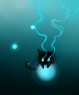 Фото Черный котенок со светящими глазами лежит на шаре, by iAzurine