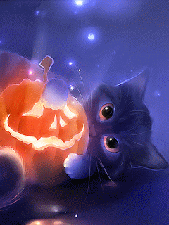 Анимация Моргающий котенок с фонарем Джека, by apofiss, гифка