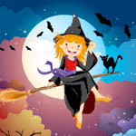 99px.ru аватар Ведьма на метле с черным котом на фоне луны