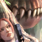 99px.ru аватар Лара с пистолетом прячется за деревом от динозавра Tomb Raider (Лара Крофт)
