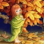 99px.ru аватар Девочка укрылась листиком стоя возле жёлтых листьев