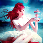 99px.ru аватар Девушка с развевающимися длинными красными волосами в белой балетной пачке сидит у моря с игрушечной каруселью в руках