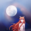 Аватар Хоро из аниме Spice & Wolf ночью при полной луне с развевающимися на ветру волосами