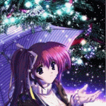 99px.ru аватар Mizuki / Мизуки из аниме Comic Party / Фестиваль Додзинси с зонтиком зимой стоит под новогодней елкой и ловит снежинки на ладонь