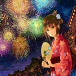 99px.ru аватар Девушка в кимоно с веером на фоне фейерверка в ночном городе