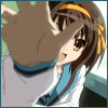 Аватар Харухи из аниме Меланхолия Харухи Судзумии / The melancholy of Haruhi Suzumiya закрывает рукой экран