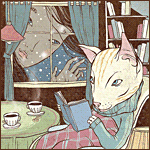 99px.ru аватар Кот читает книгу и пьёт чай, из-за окна за ним подглядывает парень