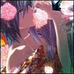 Аватар Вокалоиды Шион Кайто и Камуи Гакупо в розовых цветах и синяя бабочка с мерцающими крыльями