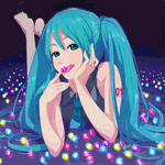 Аватар Vocaloid Hatsune Miku / Вокалоид Хатсунэ Мику лежит на полу с разноцветными конфетками-шариками
