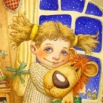 99px.ru аватар Рисованная девочка, стоит перед окном и обнимает игрушечного львёнка