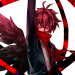 Аватар Ouma Shu / Сю Ома из аниме Венец Вины / Корона Грешника / Guilty Crown со светящимися красными глазами и чёрными крыльями за спиной, обмотанный длинным красным шарфом