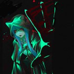 99px.ru аватар Ведьма в неоновом сиянии со светящимися красными глазами и длинными бирюзовыми волосами в капюшоне с неко-ушками закрывает экран рукой
