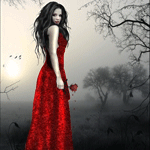 Аватар Девушка в красном платье с розой в руке на фоне мрачного пейзажа