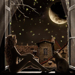 Аватар Девушка с кошкой сидит у открытого окна на подоконнике и смотрит на луну