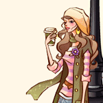 99px.ru аватар Девушка с развевающимися на ветру волосами со стаканчиком кофе в руке стоит у фонарного столба