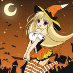Аватар Очаровательная анимешная ведьмочка-блондинка ночью в Хэллоуин / Halloween летит на метле