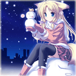 99px.ru аватар Kitsune / Кицунэ - девочка-лисичка на фоне ночного города в мерцании звезд на темно-синем небе сидит на снежном коме и держит в руках маленького снеговика