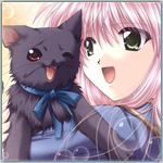 99px.ru аватар Радостная  девушка-аниме с розовыми волосами  держит в руках улыбающегося серого котенка с темно-синим бантиком на шее