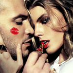 99px.ru аватар Парень красит губы девушки красной помадой, у него на щеке красный поцелуй