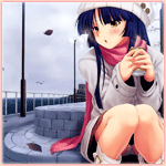 99px.ru аватар Девушка-аниме в шапочке с розовым шарфом холодной осенью сидит в городе и держит в руках горячий напиток