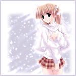99px.ru аватар Анимешная девушка блондинка в короткой юбке в клеточку и белой кофточке с накидкой на фоне падающего снега