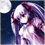99px.ru аватар Девушка-аниме с бардовыми бантами в сиреневых волосах в розовом платье на фоне ночного неба и луны