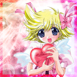 99px.ru аватар Ноэль / Noel из аниме 'Я стану ангелом! / I'm Gonna Be An Angel!' с розовым бантиком в белокурых волосах и сердечком в руках улыбается