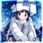 Аватар Kooh из игры Pangya! в шапке с заячьими ушками сидит под падающим снегом