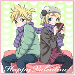 99px.ru аватар Вокалоид Кагаминэ Рин и Лен / Vocaloid Kagamine Rin and Len сидят спиной друг к другу, обвязанные одним шарфом (Happy Valentine! / С днем Святого Валентина!)