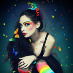 99px.ru аватар Девушка в ярком макияже и полосатых разноцветных чулках среди бабочек и разноцветных брызг