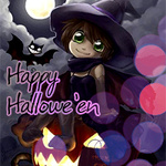 Аватар Ведьмочка с летучей мышью сидит на тыкве на фоне ночного неба (Happy Hallowe'en)