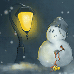 99px.ru аватар Снеговик с ведром на голове смотрит на фонарь, идет снег