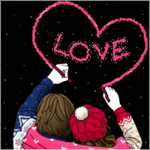99px.ru аватар Парень и девушка зимой, закутанные в один розовый шарф с сердечками, вместе рисуют розовое сердечко на чёрном фоне с блёстками (LOVE / любовь)