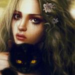 99px.ru аватар Грустная плачущая девушка с цветами в волосах держит черного кота, из работ художника Омар Диаз / art by Omar Diaz