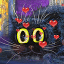 Аватар В желтых глазах черного котенка множество красных сердечек