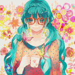 Аватар Vocaloid Miku Hatsune / Вокалоид Мику Хатсуне в очках с кружкой в руке и мерцающие бабочки