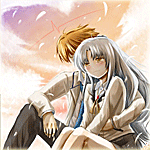 99px.ru аватар Юдзуру Отонаси / Yuzuru Otonashi обнимает смущенную Канадэ Татибану / Kanade Tachibana из аниме 'Angel Beats! / Ангельские ритмы!' , на небе облака в форме сердца