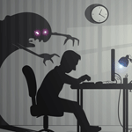 99px.ru аватар К работающему за компьютером ночью мужчине тянет свои когтистые лапы страшный монстр - приведение