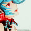 Аватар Вокалоид Мику Хацунэ / Vocaloid Miku Hatsune в красных наушниках смотрит вверх