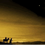99px.ru аватар Человек идет по пустыне с осликом, на котором сидит наездник, на небе мерцает звезда