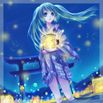 99px.ru аватар Вокалоид Мику Хатсуне / Vocaloid Miku Hatsune ночью стоит по колено в воде, держа в руках светящийся фонарик