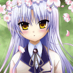 Аватар Канаде / Kanade из аниме Ангельские ритмы / Angel beats стоит под сакурой, с которой падают лепестки