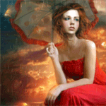 Аватар Рыжая девушка в красном платье сидит под зонтом на фоне заката, идет дождь. С боку от нее плавает рыбка