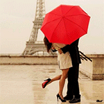 99px.ru аватар Мужчина и девушка стоят под красным зонтом под дождем на фоне Эйфелевой башни
