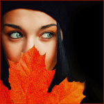 99px.ru аватар Девушка брюнетка в черном берете, смотрит в сторону, держа в руках кленовый лист