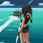 99px.ru аватар Реви / Revy из аниме Пираты «Черной лагуны» / Black Lagoon с автоматом в руках смотрит на взрывающийся катер