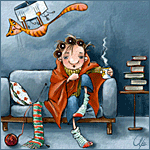 99px.ru аватар Женщина с бигудями в волосах сидит на диване с чашкой чая, рядом на полу лежит клубок нити, на столе - книги, на люстре повис рыжий полосатый кот, иллюстратор Элина Эллис / Elina Ellis